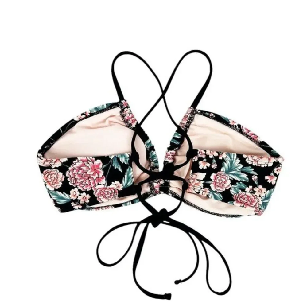 Xhilaration Black Pink Carnation Flower Bandeau Racerback Bikini Top Size Medium